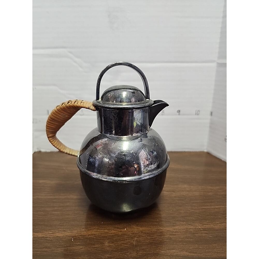 Vintage E.G. Webster & Sons Silverplate Teapot Lidded With Rattan Wicker Handle